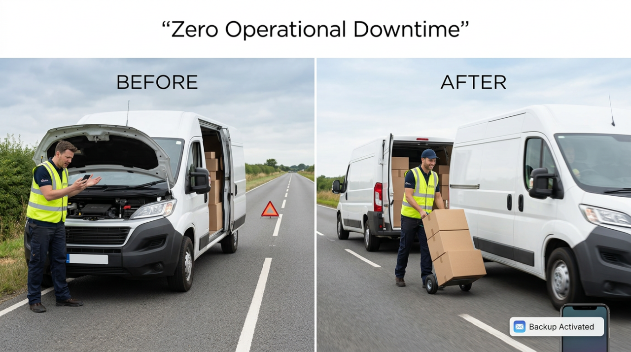 A broken-down delivery van stopped safely on the side of the road and the right, show a replacement vehicle arriving quickly.