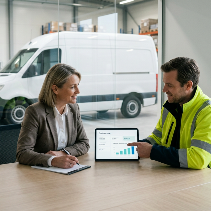 A business owner and outsourced fleet partner reviewing delivery costs together in a clean logistics office.