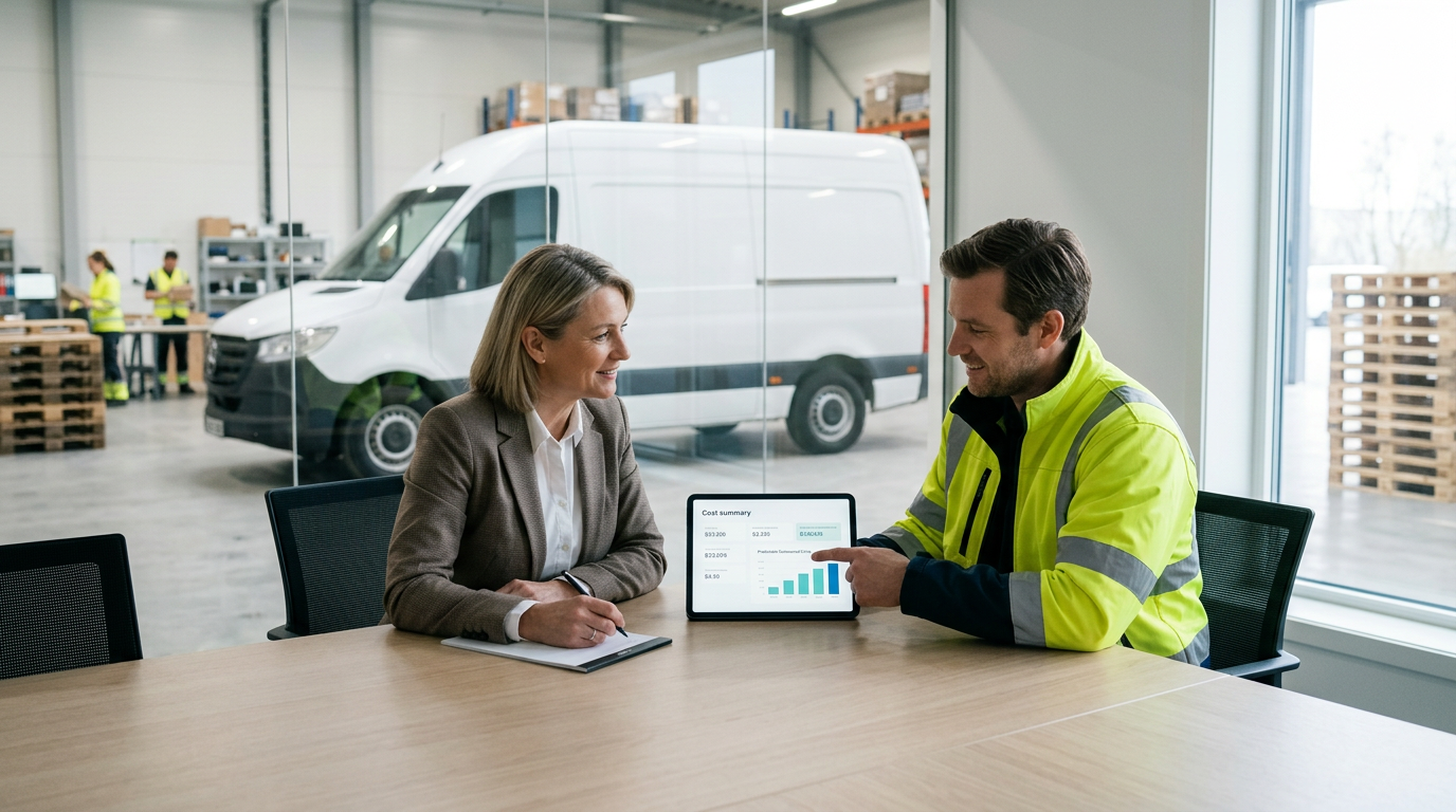 A business owner and outsourced fleet partner reviewing delivery costs together in a clean logistics office.