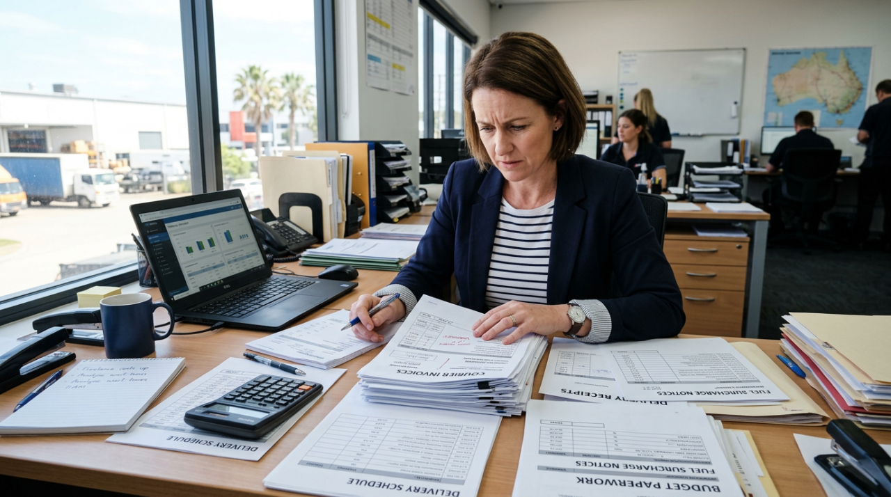 Business owner reviewing courier invoices, delivery receipts, fuel surcharge notices, and budget paperwork.