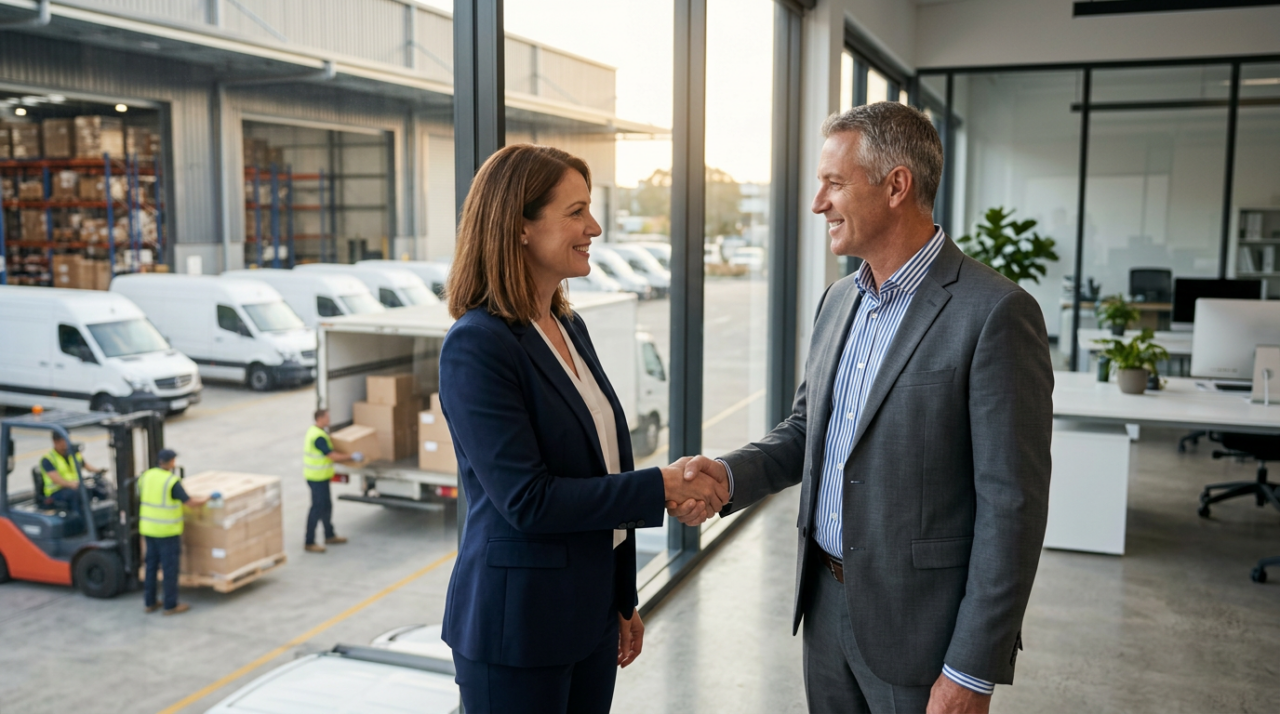 A business owner shaking hands with a logistics partner inside a modern warehouse or transport office, with delivery vans and organised dispatch activity in the background.