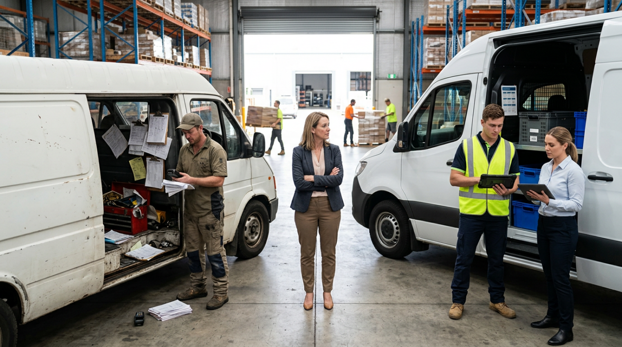 A business owner standing between two clear operational choices in a warehouse dispatch area.