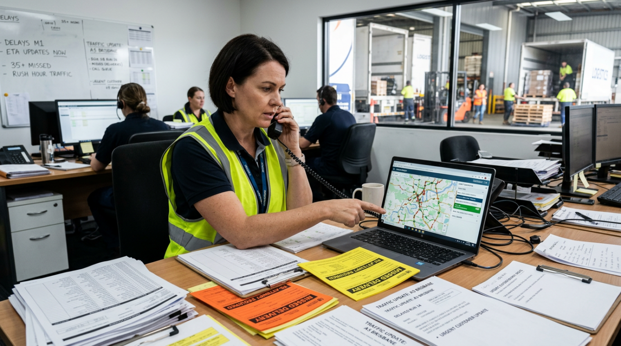 A busy logistics dispatch office during a difficult delivery day.