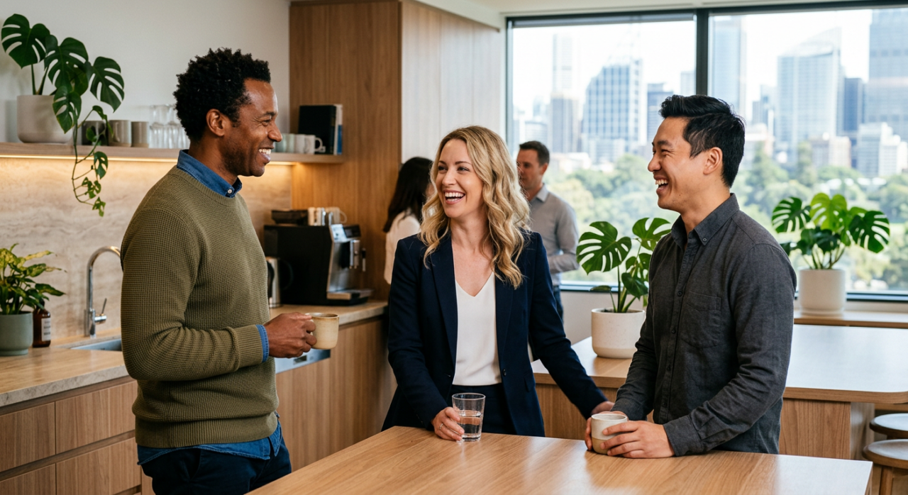 A candid, natural corporate photograph of three diverse team members in smart-casual business attire laughing and talking in a modern office kitchen.