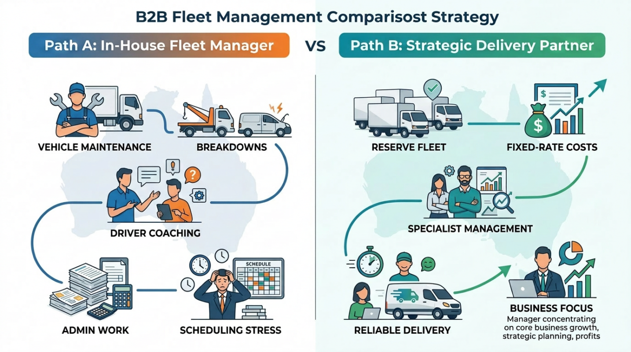 A graphic comparing two paths for fleet management. On the left, label “Path A: In-House Fleet Manager” and show icons for vehicle maintenance, breakdowns, driver coaching, admin work, and scheduling stress. On the right, label “Path B: Strategic Delivery Partner” and show icons for reserve fleet, fixed-rate costs, specialist management, reliable delivery, and business focus.