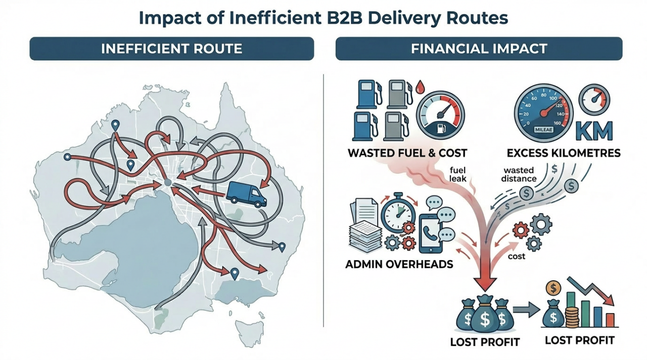 A clean B2B logistics graphic showing the financial drain caused by inefficient delivery routes.
