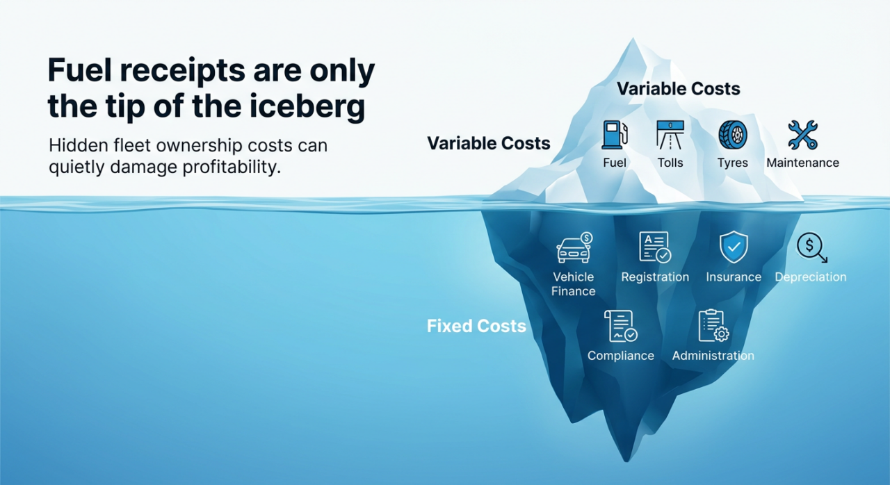 A clean B2B logistics infographic using an iceberg metaphor to explain hidden fleet costs. 