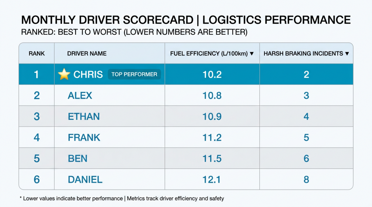 A clean monthly driver scorecard graphic for a logistics business with 6 drivers and only 2 metrics: Fuel Efficiency (L/100km) and Harsh Braking Incidents.