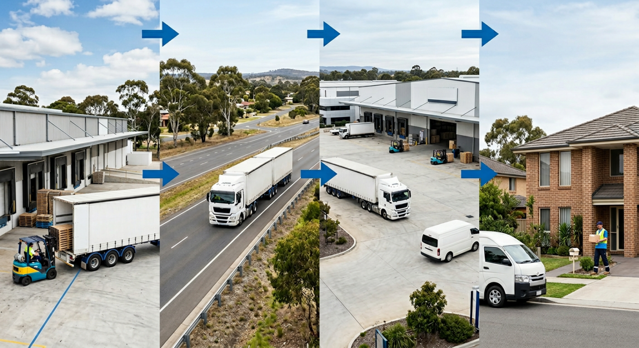 A flowchart showing the process from factory to bulk freight carrier to city depot to a dedicated final-mile delivery partner.