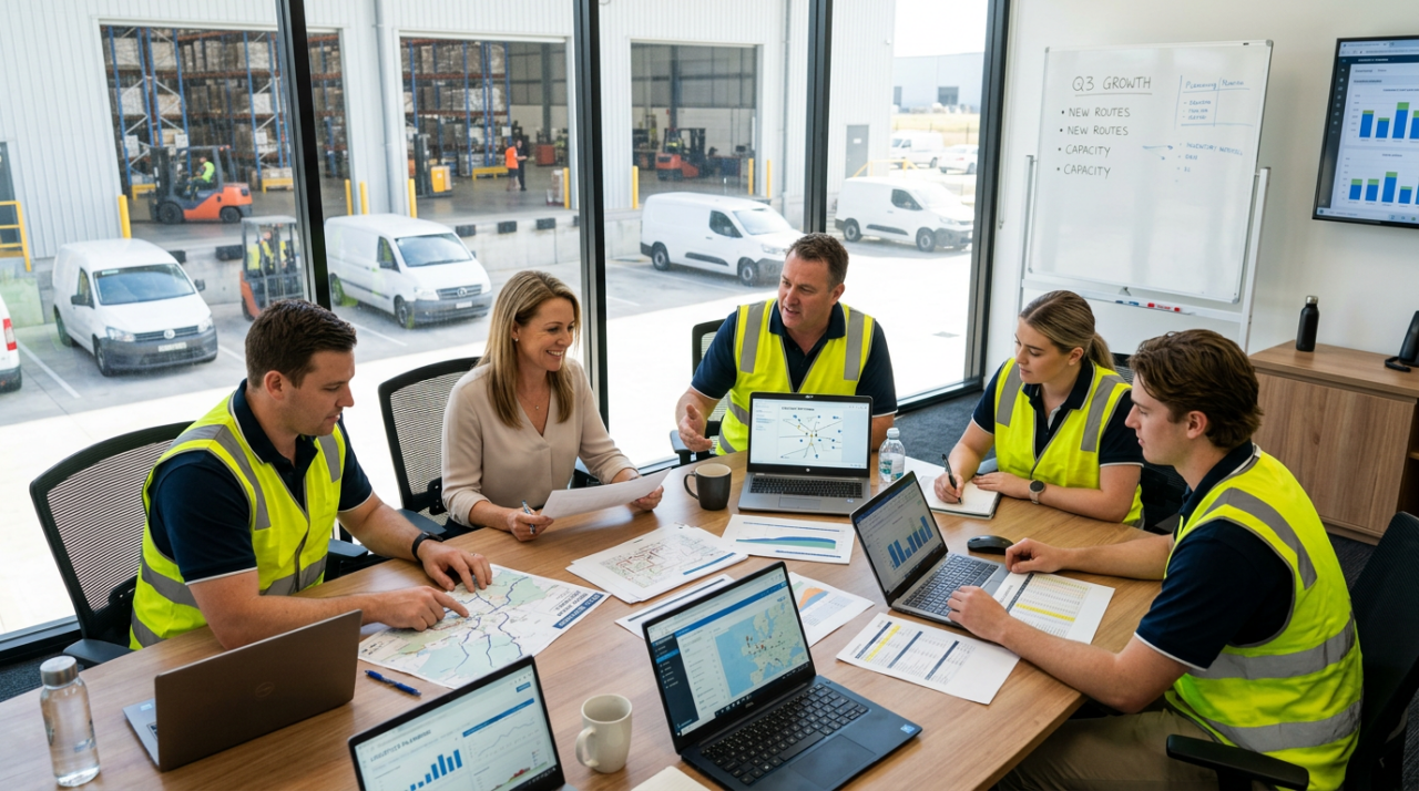 A collaborative logistics planning meeting in a modern Australian warehouse office.