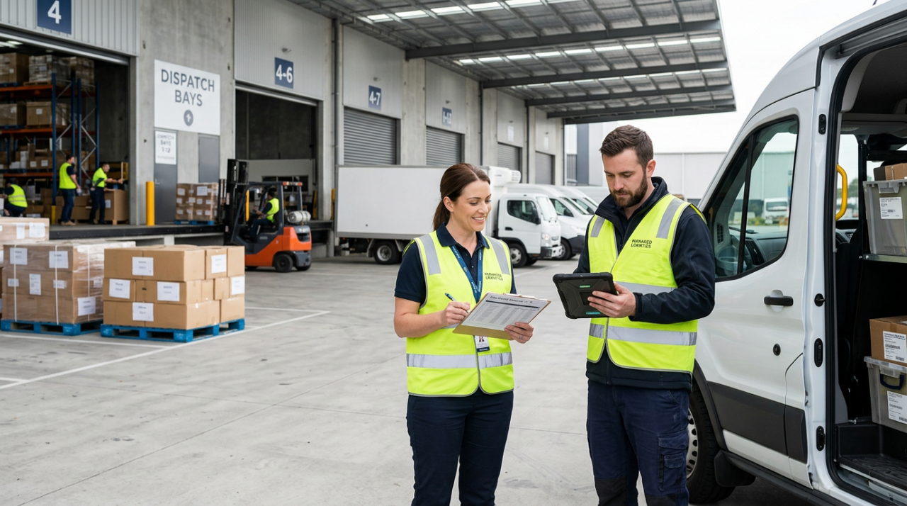 confident operations manager and a professional delivery driver wearing yellow-green safety vests or jackets.