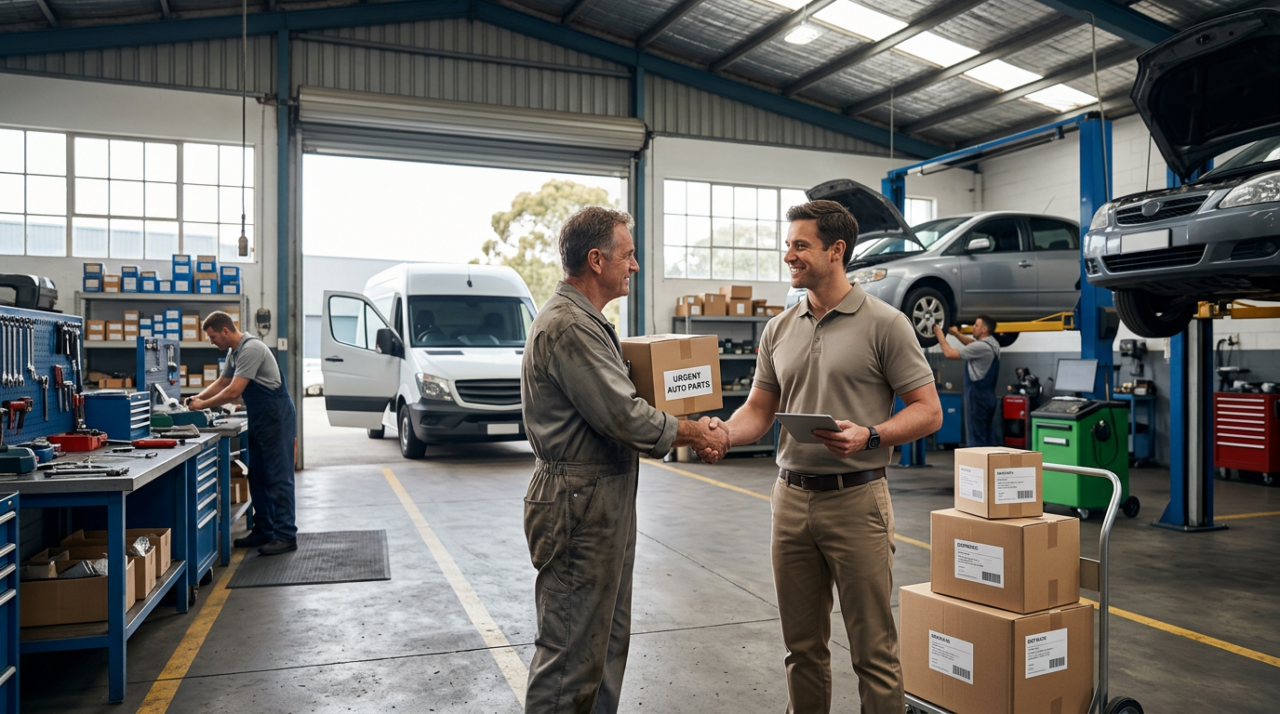 A dedicated delivery driver handing urgent automotive parts to a mechanic inside a busy Australian workshop.