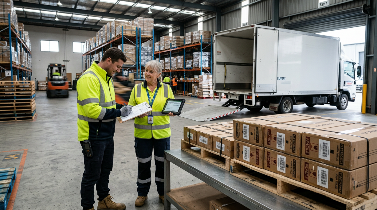 A delivery driver and a warehouse manager carefully checking shipment documents.