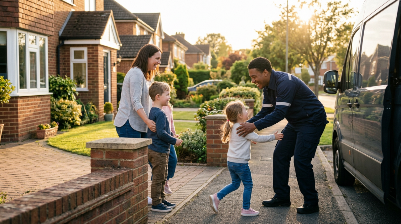 A delivery driver in clean professional uniform arriving home in the late afternoon and smiling as they are greeted at the front door by their family.