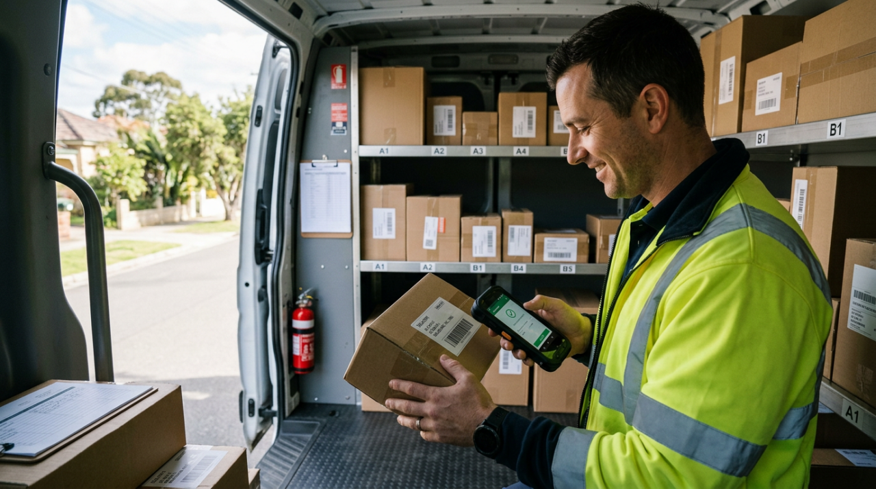 A delivery driver wearing a yellow-green safety jacket, scanning a package with a handheld device.