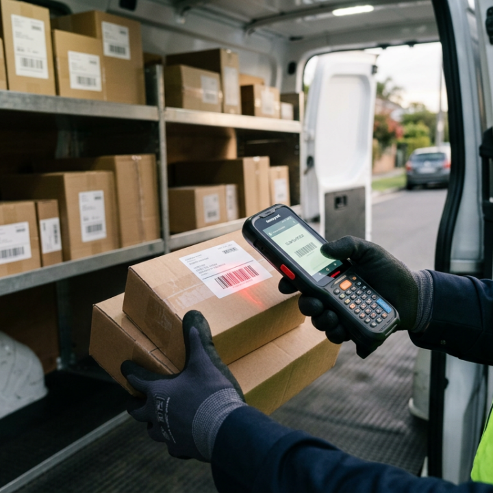 A delivery driver’s hand scanning a package with a handheld device inside a clean delivery van.