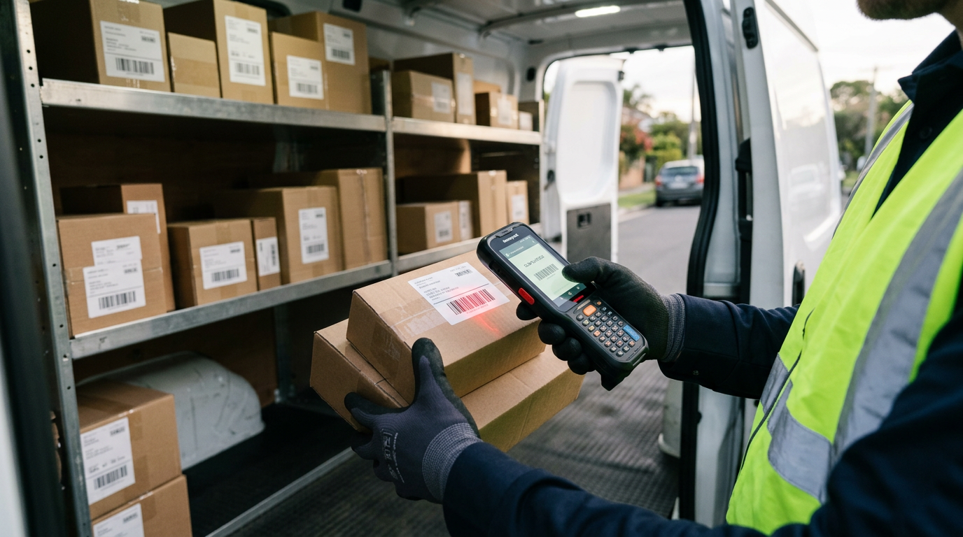 A delivery driver’s hand scanning a package with a handheld device inside a clean delivery van.