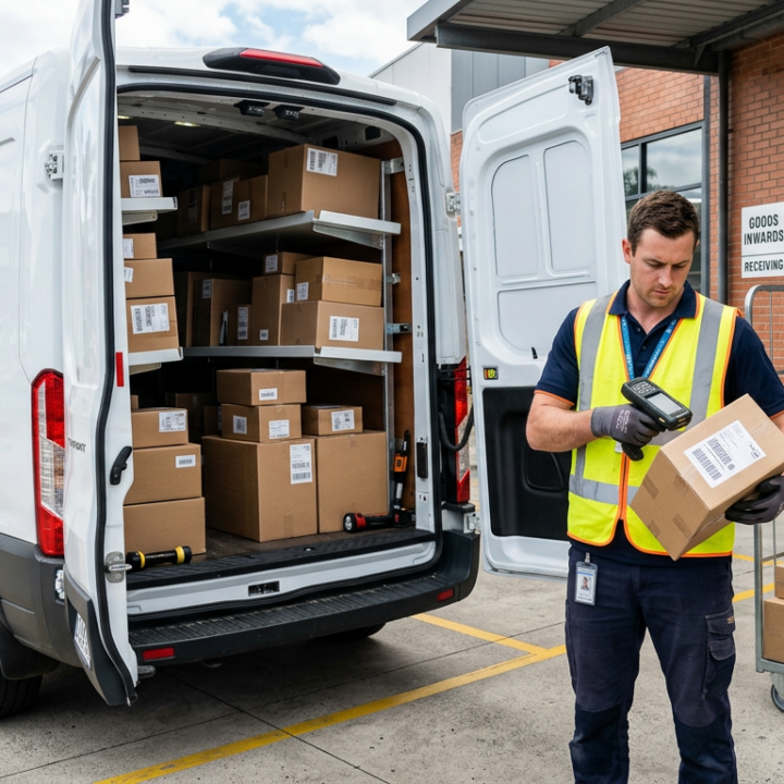 A delivery partner carefully unloading package