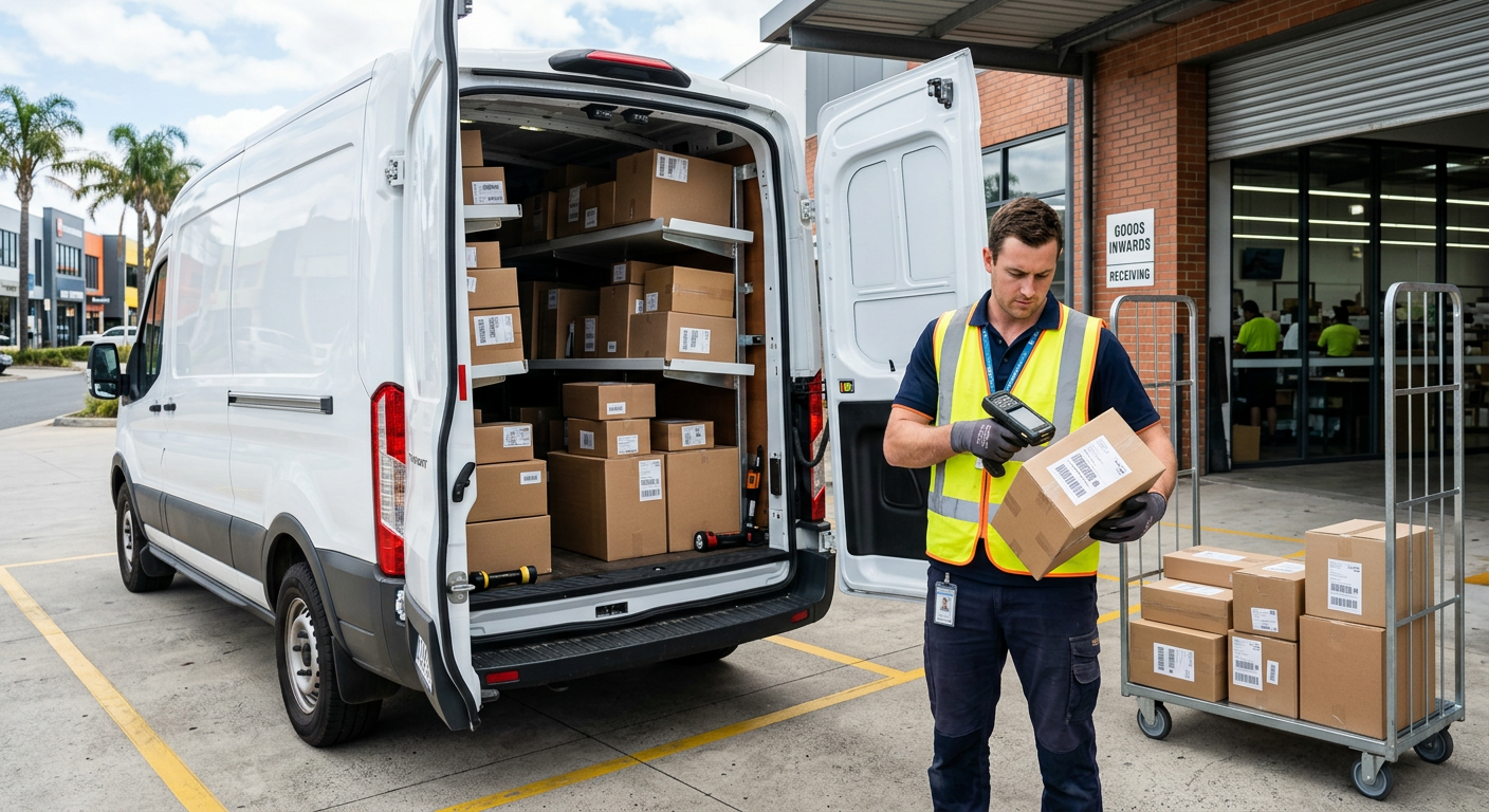 A delivery partner carefully unloading package