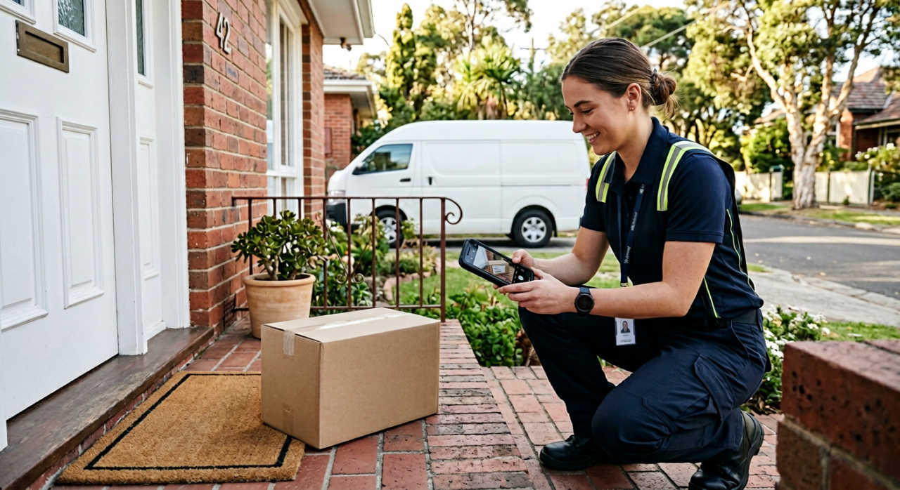 A delivery partner completing a professional delivery with clear proof — taking a photo of the delivered package at a customer’s doorstep while holding a device for confirmation.