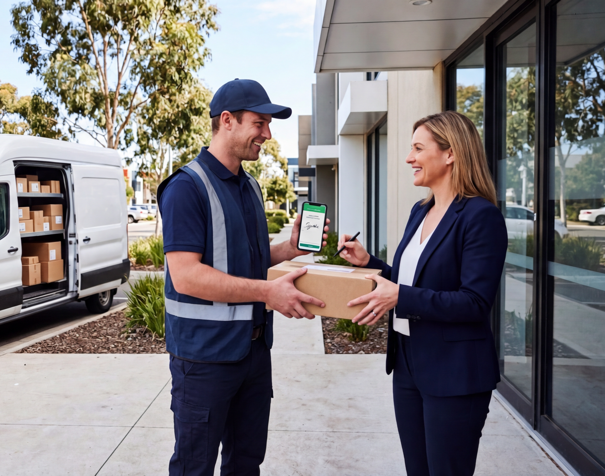 A delivery partner handing over a package.