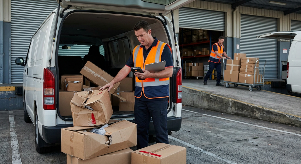 A delivery partner inspecting damaged or missing parcels at the back of a van, with some boxes visibly crushed or disorganised.