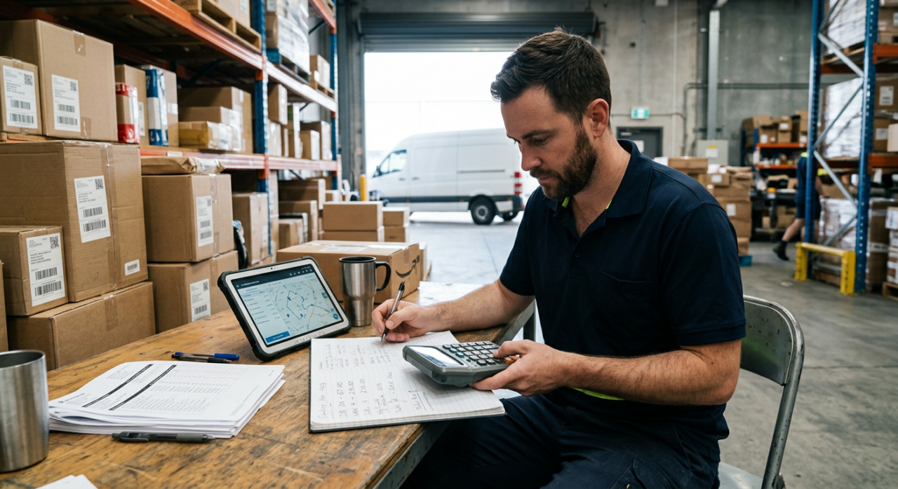 A delivery partner or logistics staff member sitting in a warehouse or inside a delivery van, using a calculator and reviewing notes.
