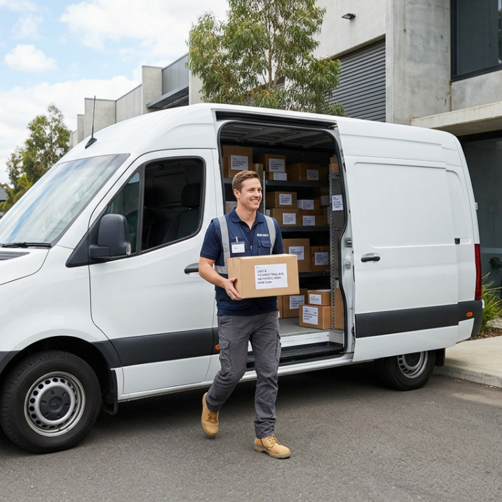 A delivery partner stepping out holding a package