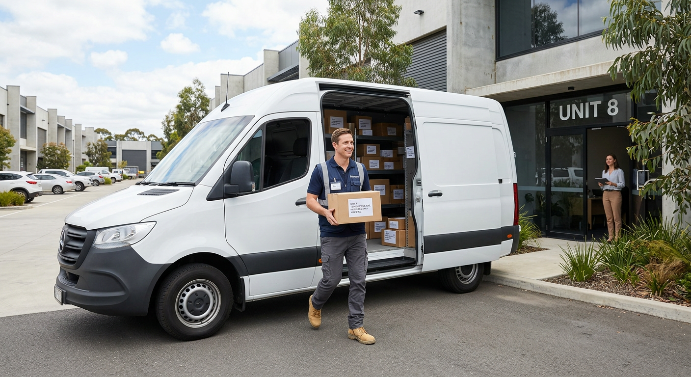 A delivery partner stepping out holding a package