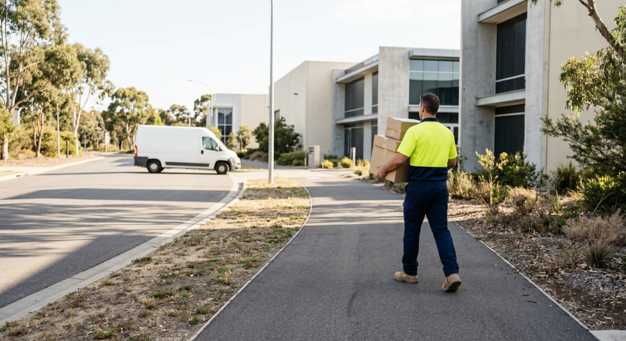 A delivery partner walking a long distance from a parked van to a delivery location carrying multiple packages, with the van positioned far away, subtly showing extended effort beyond a simple drop-off.
