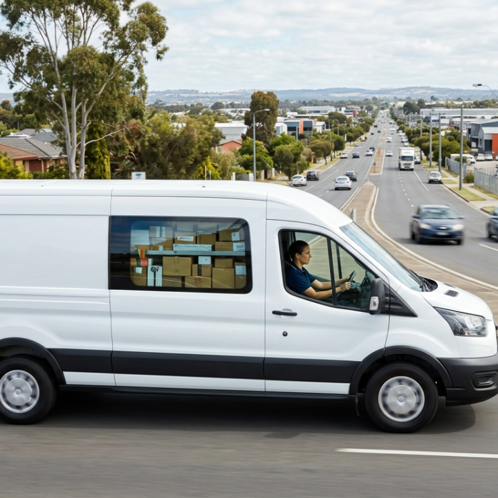 A delivery van driving through an Australian suburban