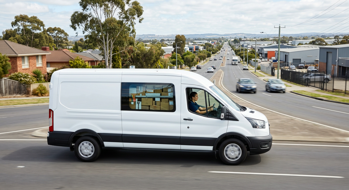 A delivery van driving through an Australian suburban
