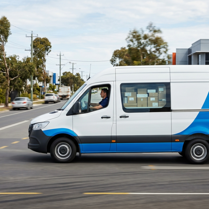 A delivery van in motion