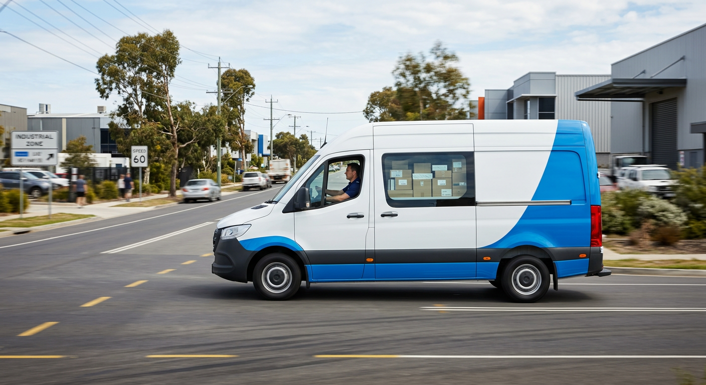 A delivery van in motion
