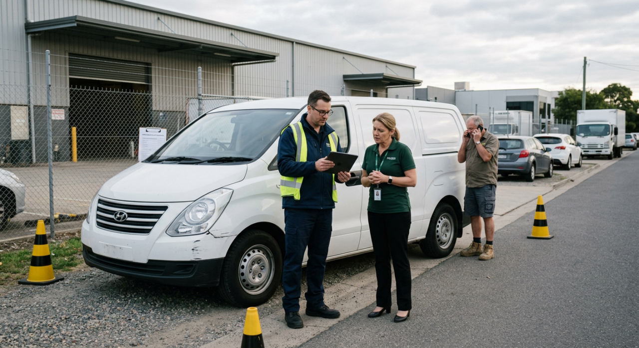 A delivery van is safely pulled over near a warehousea with a compliance officer reviewing documents on a tablet while a business owner looks nearby.