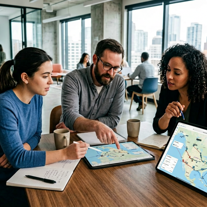 A dynamic wide shot of 3 team members collaborating around a modern office table with a digital map on a tablet for a logistics company.