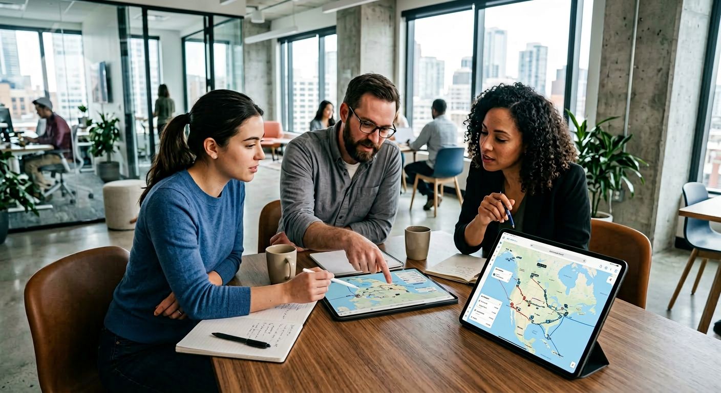 A dynamic wide shot of 3 team members collaborating around a modern office table with a digital map on a tablet for a logistics company.