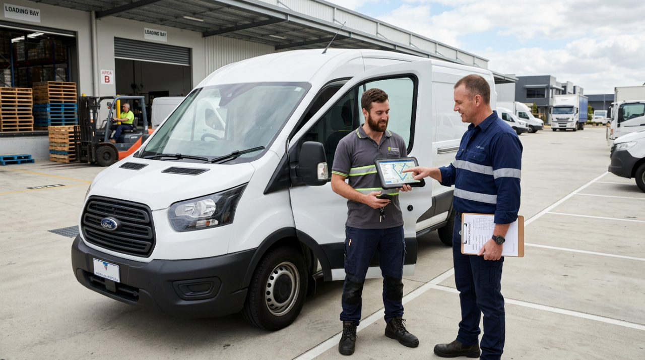A fleet manager or mechanic reviewing route optimisation with a delivery driver beside a clean commercial van. 