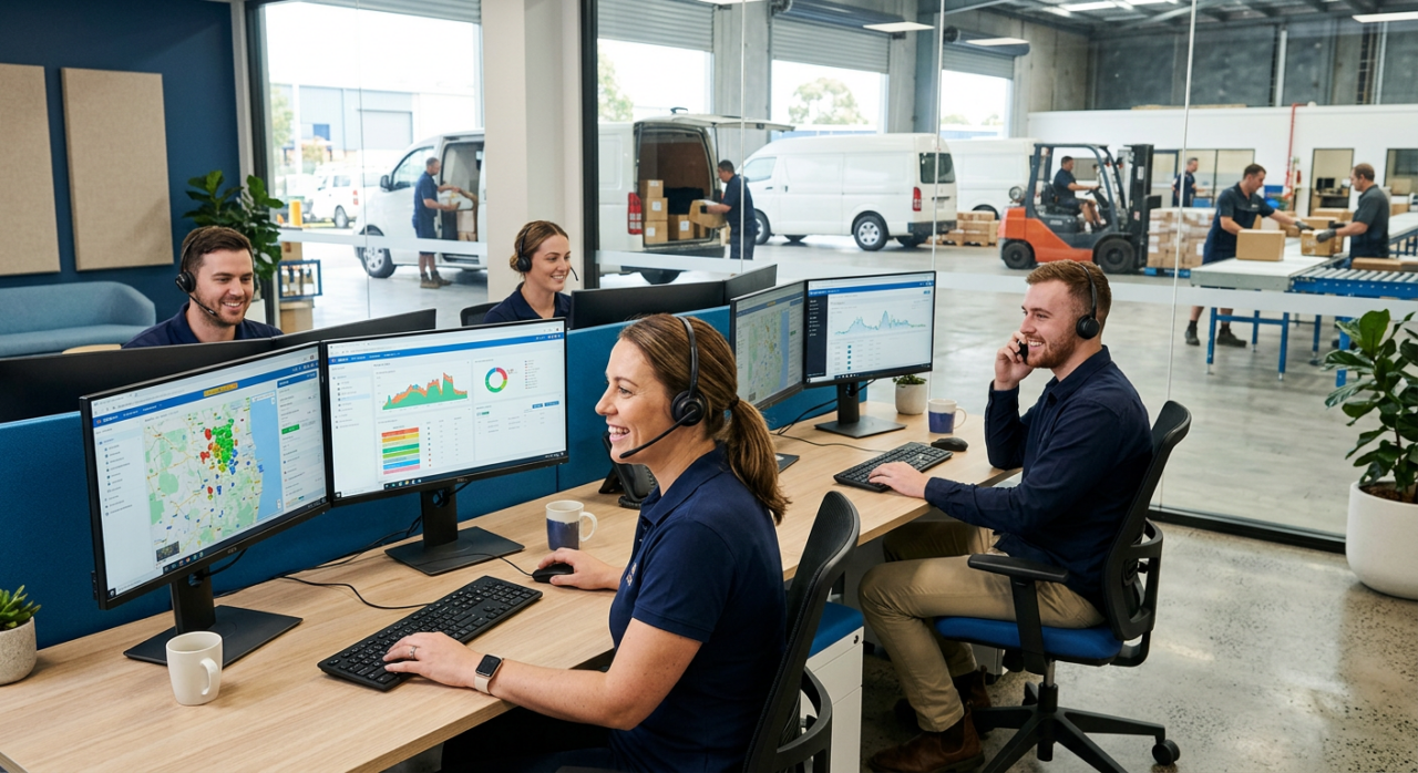 A friendly customer support team in a logistics operations environment, wearing headsets and assisting clients while monitoring delivery systems on screens.