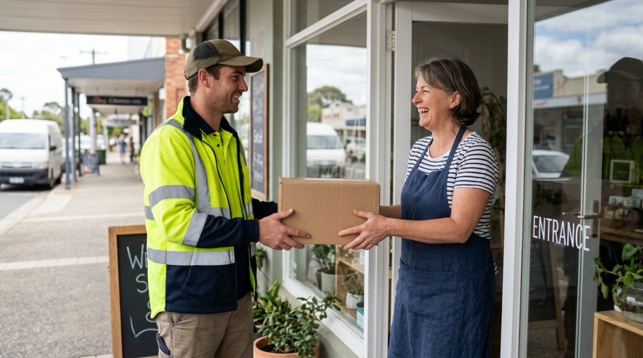 A friendly delivery driver in a yellow-green safety vest or jacket handing a package to a happy small business owner at the entrance of a shop.
