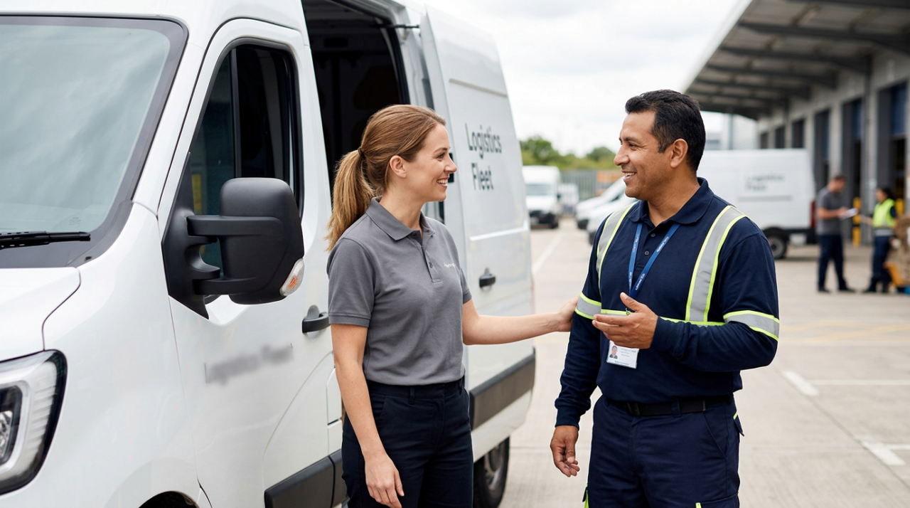 A friendly depot manager having a supportive, relaxed conversation with a delivery driver.