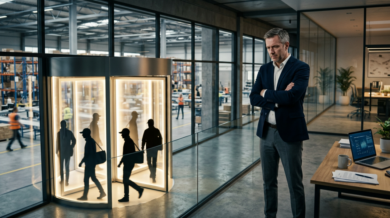 A frustrated business manager standing in a modern warehouse office, watching a group of silhouetted delivery drivers spinning through a large revolving door.