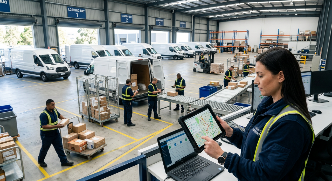 A high-functioning logistics “command centre” in action — delivery vans being loaded in a clean, organised depot while a logistics supervisor monitors live delivery routes on a tablet in the foreground.