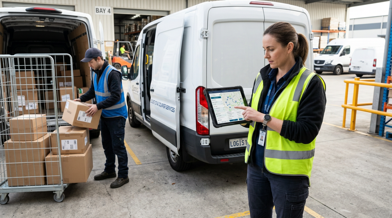 A logistics coordinator wearing a yellow-green safety vest reviewing route optimisation software on a tablet beside a delivery van