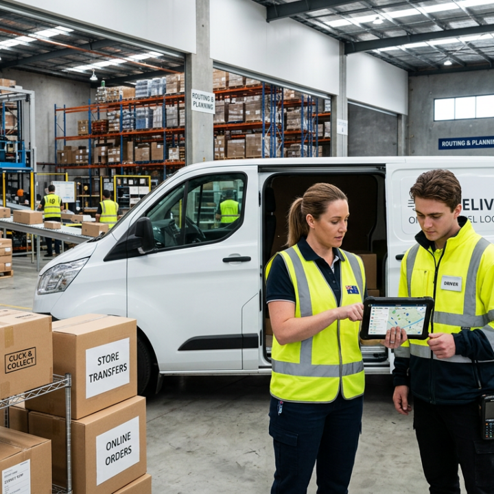 A logistics manager and a delivery driver wearing yellow-green safety vests or jackets, reviewing online orders and delivery routes on a tablet.