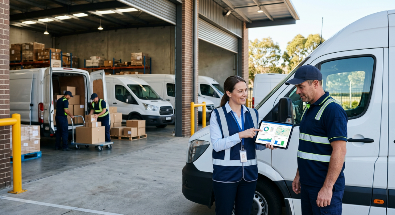 A logistics manager and delivery partner standing beside a delivery van reviewing fleet performance on a tablet, while other drivers load parcels into vans in the background.