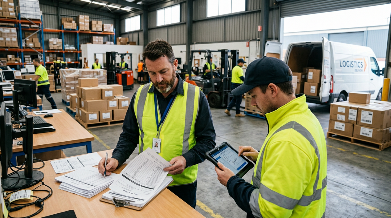 A logistics manager in a yellow-green safety vest reviews paper freight documents on a clipboard vs delivery driver in a yellow-green safety jacket checks a tablet.