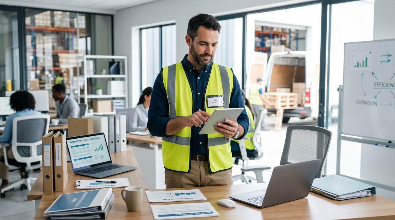 A logistics manager standing in a clean dispatch office, reviewing business transport plans on a tablet.