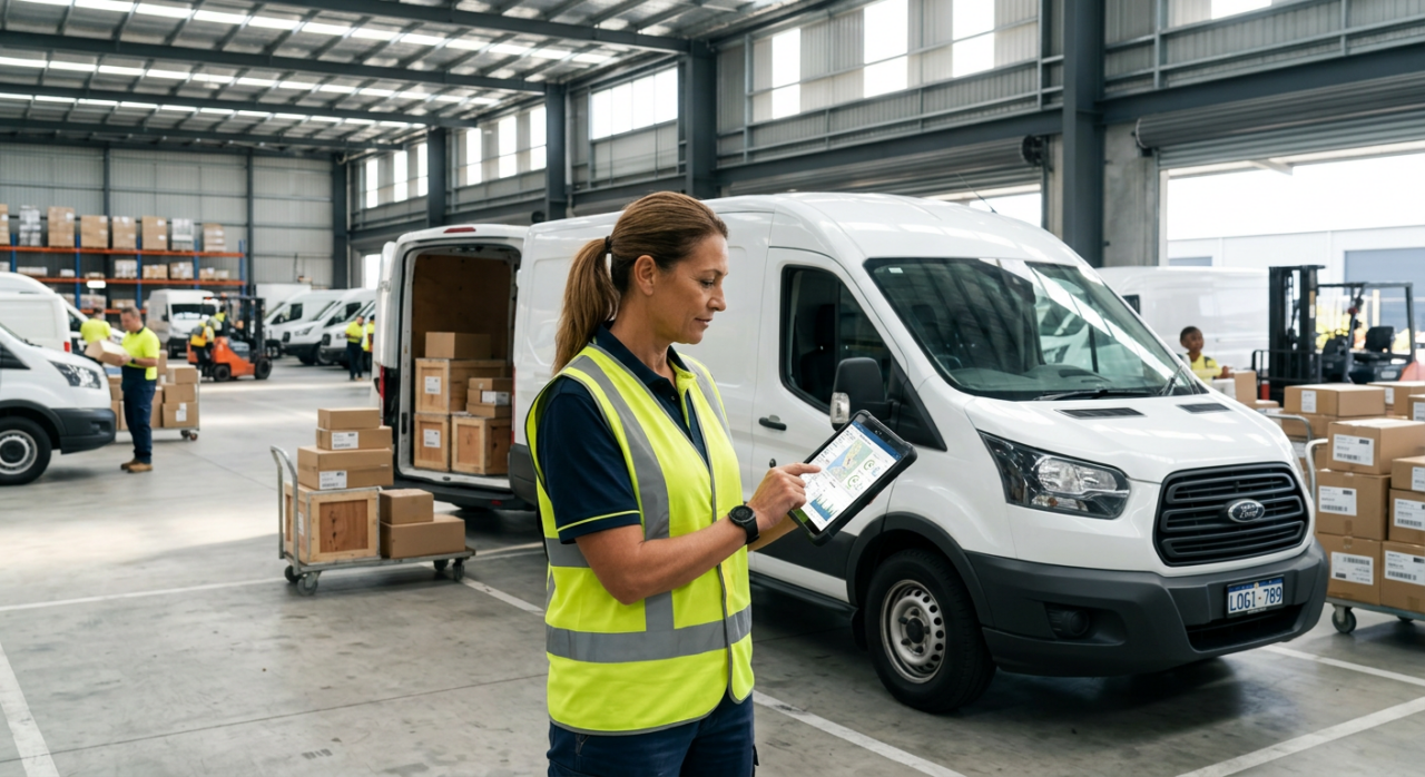 logistics manager wearing a yellow-green safety vest reviewing delivery efficiency data on a tablet.