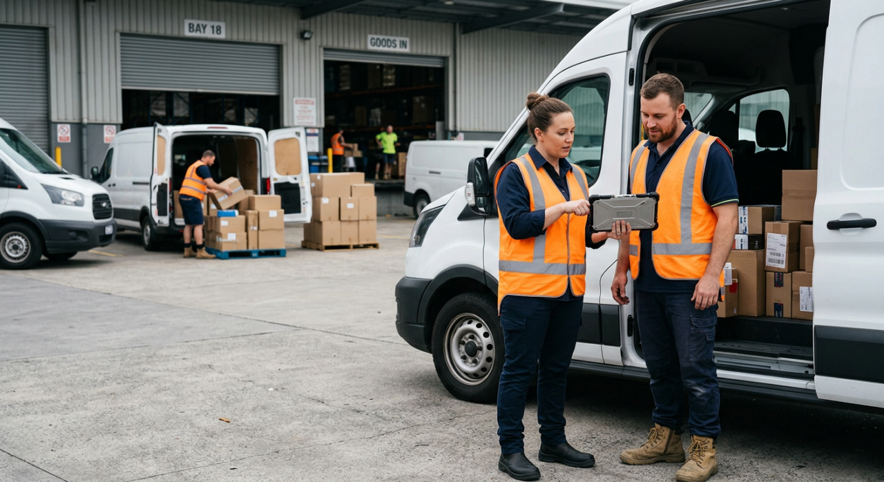 A logistics supervisor and delivery partner standing beside a delivery van reviewing delivery routes and performance on a tablet, with packages being loaded in the background.